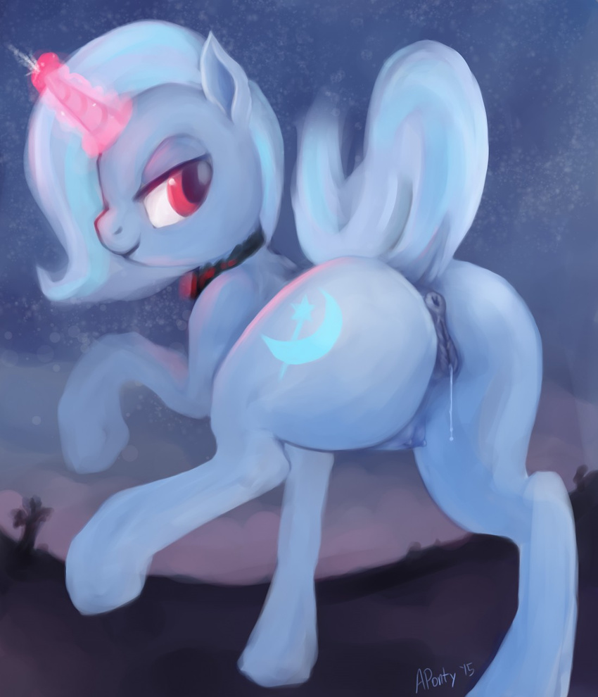 2015 animal_genitalia anus aponty butt cutie_mark dock equine equine_pussy female feral friendship_is_magic glowing hair horn looking_back magic mammal my_little_pony outside presenting presenting_hindquarters puffy_anus pussy pussy_juice raised_tail solo teats trixie unicorn