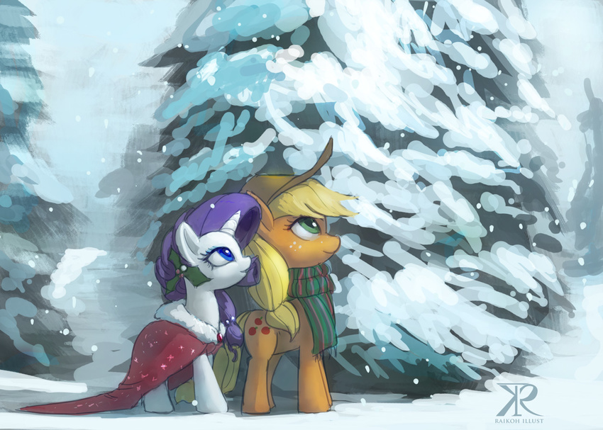 2014 applejack_(mlp) blonde_hair blue_eyes cloak cowboy_hat cutie_mark duo equine female freckles friendship_is_magic green_eyes gren_eyes hair hat holly_(plant) horn horse mammal my_little_pony pine_tree plant pony purple_hair raikoh-illust rarity_(mlp) scarf tree unicorn