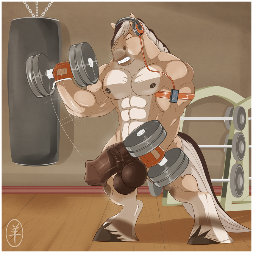2015 aaron_(artist) abs animal_genitalia anthro balls biceps big_balls big_muscles big_penis bodybuilder bodybuilding brown_fur clenched_teeth dumbbell equine erection eyes_closed fur gym hair headphones hooves horse horsecock hyper hyper_penis male mammal mp3 muscles nipples nude pecs penis pose punching_bag solo standing teeth thick_penis toned vein weightlifting weights white_fur white_hair workout