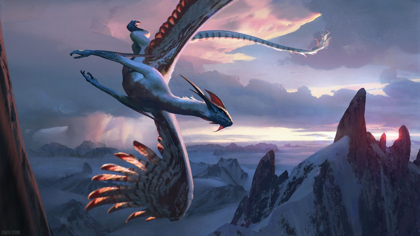 ambiguous_gender backlit chase_stone cloudscape crest digital_media_(artwork) dragon feathered_wings feral fin flying landscape long_tail magic_the_gathering mountain official_art ojutai quadruped signature sky snow solo wings