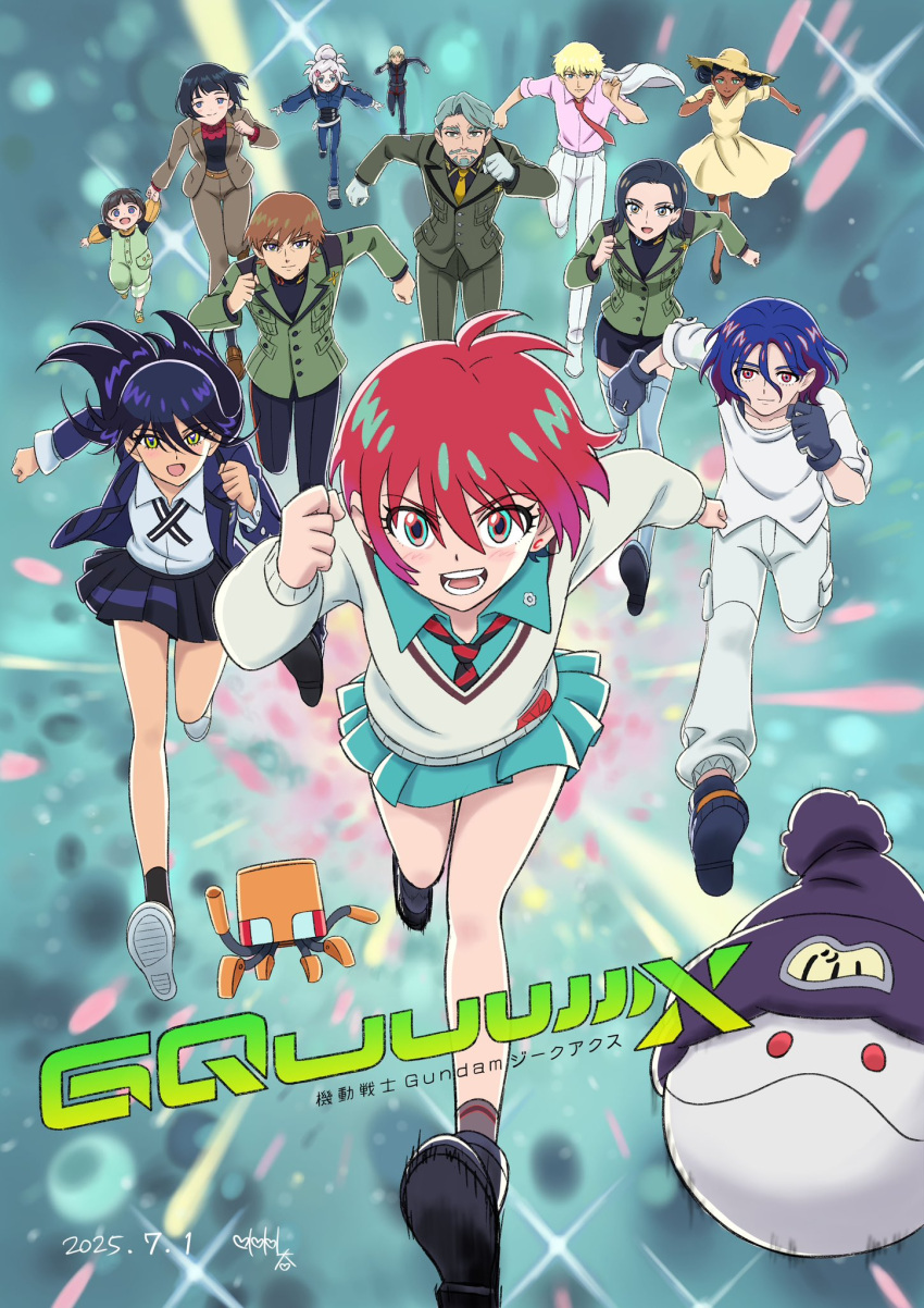 2025 6+boys 6+girls alternate_universe amate_yuzuriha aqua_eyes aqua_shirt aqua_skirt beard bindi black_hair blonde_hair blue_eyes blue_hair blush blush_stickers bob_cut breasts brown_hair challia_bull char_aznable closed_mouth collared_shirt colored_inner_hair commentary_request comoli_harcourt conch_(gundam) copyright_name crossover dark-skinned_female dark_skin dated deux_murasame double_bun dress energy facial_hair forehead freckles gates_capa gloves green_eyes green_hair gundam gundam_gquuuuuux hair_bun haro hat highres holding holding_hands jacket lalah_sune long_hair long_sleeves looking_at_viewer mecha mecha_pilot_suit military_jacket military_uniform mobile_suit_gundam mole mole_under_eye mole_under_mouth mother_and_son multicolored_hair multiple_boys multiple_girls mustache necktie normal_suit_(gundam) nyaan_(gundam_gquuuuuux) open_mouth osabe_shuta pet purple_hair red_eyes red_hair robot running school_uniform science_fiction shiiko_sugai shiiko_sugai's_son shirouzu_(gundam) shirt short_hair shuji_ito skirt smile spoilers suit sweater tank_top two-tone_hair walker_(robot) white_hair white_shirt xavier_olivette yellow_eyes zeknova zeta_gundam