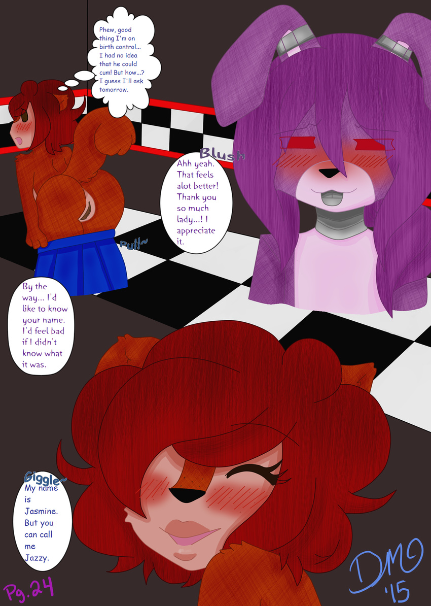animatronic anthro blue_skirt blush bonnie_(fnaf) brown_eyes brown_fur butt color comic discordmelody female five_nights_at_freddy's freckles full_page fur hair jasmine_ivory lagomorph machine male mammal mechanical purple_fur pussy rabbit red_hair robot rodent smile squirrel tongue