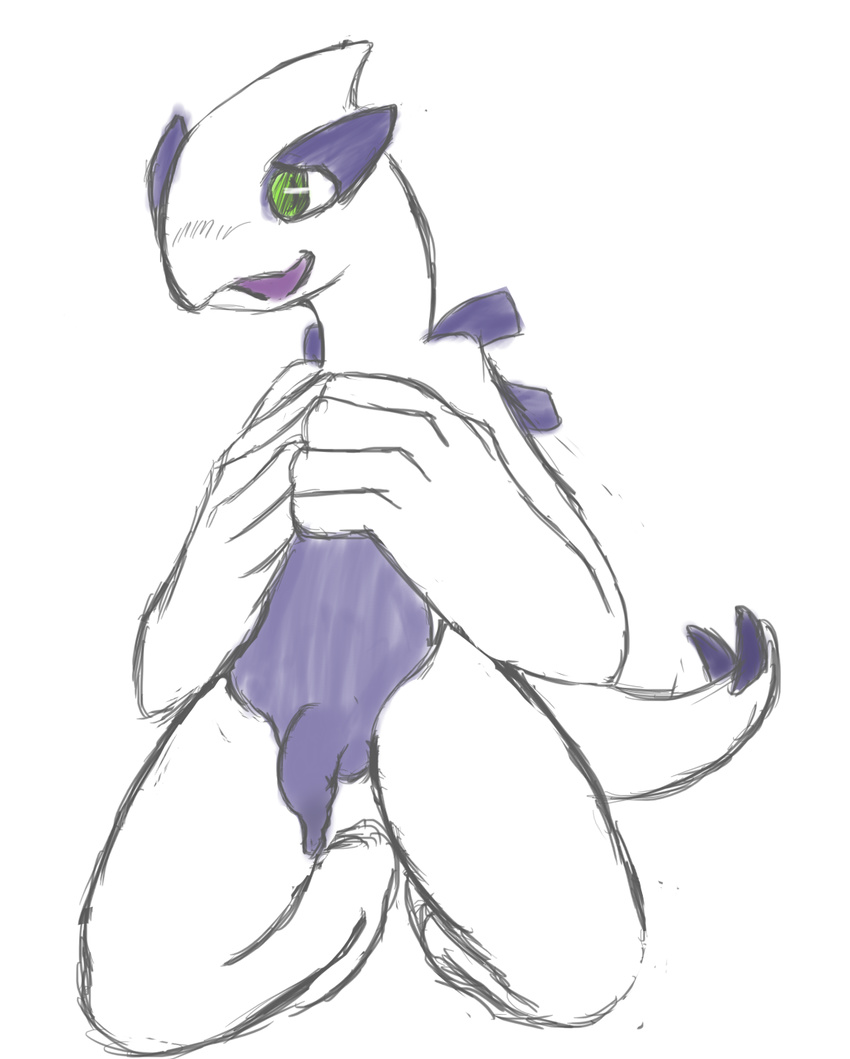 anthro green_eyes long_foreskin lugia male nintendo open_mouth penis plain_background pok&eacute;mon psychoninetales sketch solo tail_spikes uncut video_games white_background
