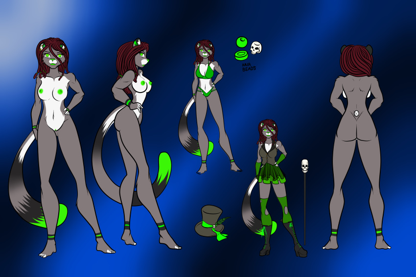 absurd_res anthro breasts clothed clothing dreadlocks fc32 feline female green_eyes green_lips green_nipples green_nose hair hat hi_res long_tail luna-mei mammal model_sheet nipples nude pussy red_hair skull solo top_hat zoee_dubois