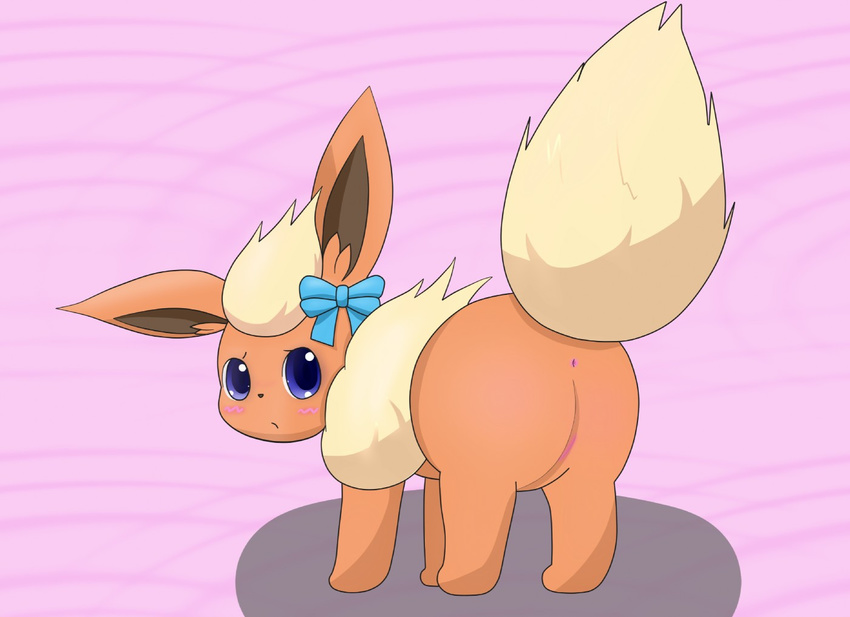 all_fours anus blue_eyes blush bow butt canine cute eeveelution female feral flareon fur looking_back mammal nintendo pink_background plain_background pok&eacute;mon presenting presenting_hindquarters presenting_pussy pussy raised_tail red_fur solo unknown_artist video_games