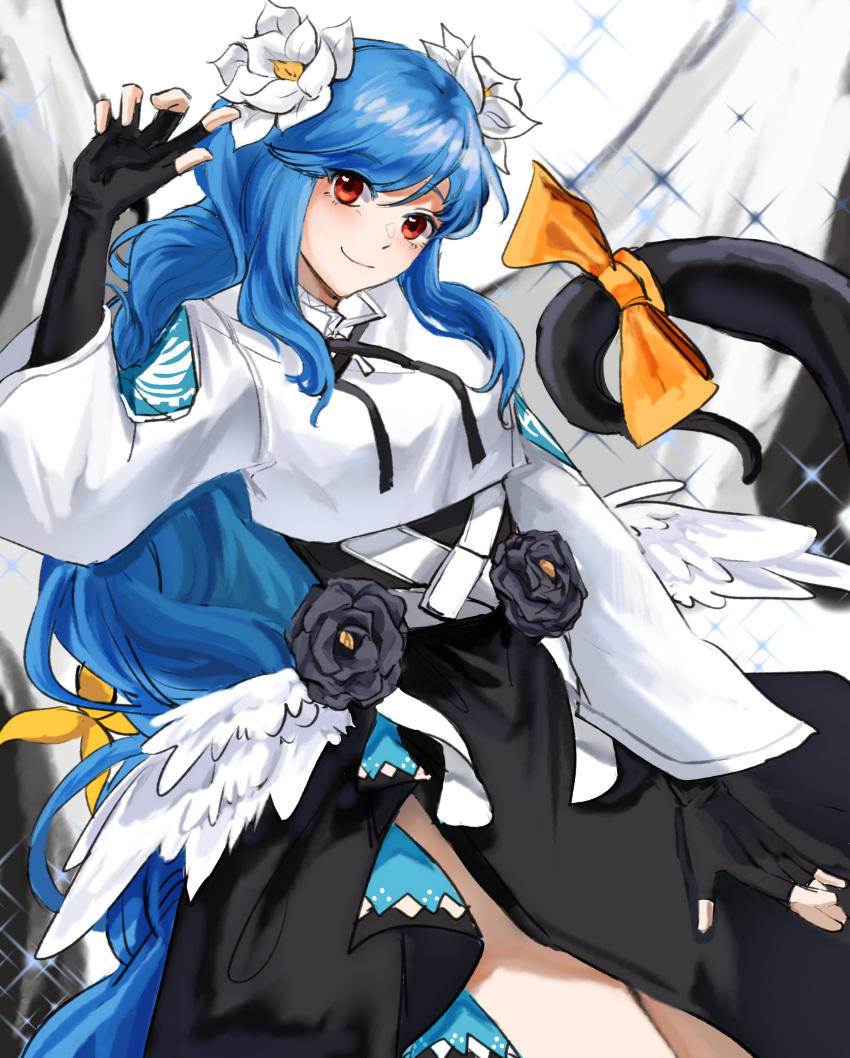 1girl absurdres asymmetrical_wings black_gloves blue_hair dizzy_(guilty_gear) fingerless_gloves flower gloves guilty_gear guilty_gear_strive hair_flower hair_ornament highres long_hair looking_at_viewer otogisum3 queen_dizzy red_eyes smile solo very_long_hair wings