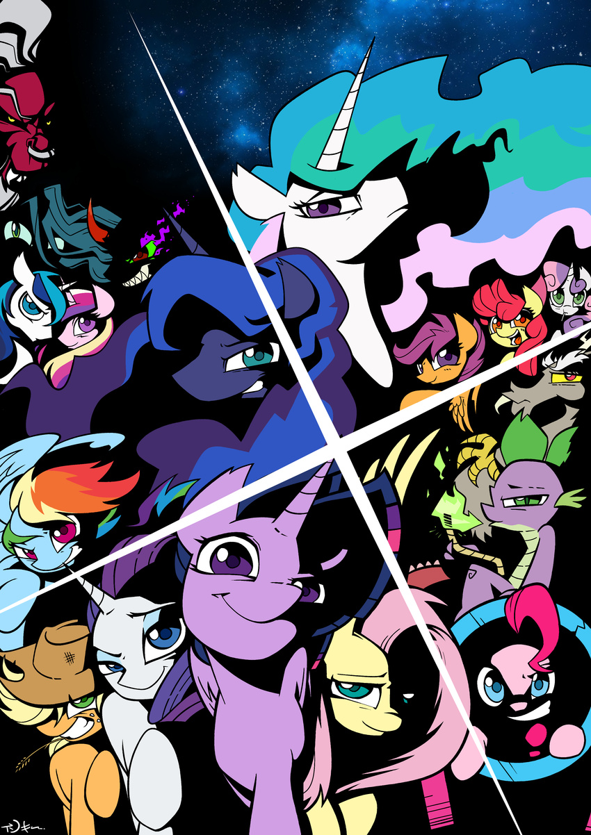 2015 apple_bloom_(mlp) applejack_(mlp) blue_eyes blue_hair cowboy_hat crossover cutie_mark_crusaders_(mlp) discord_(mlp) earth_pony equine eyeshadow female feral fluttershy_(mlp) freckles friendship_is_magic green_eyes group hair hat horn horse inkypsycho king_sombra_(mlp) long_hair looking_at_viewer makeup male mammal multicolored_hair my_little_pony open_mouth pegasus pinkie_pie_(mlp) pony princess_cadance_(mlp) princess_celestia_(mlp) princess_luna_(mlp) purple_eyes queen_chrysalis_(mlp) rainbow_dash_(mlp) rainbow_hair rarity_(mlp) scootaloo_(mlp) shining_armor_(mlp) smile spike_(mlp) sweetie_belle_(mlp) tengen_toppa_gurren_lagann tirek_(mlp) twilight_sparkle_(mlp) unicorn wings young