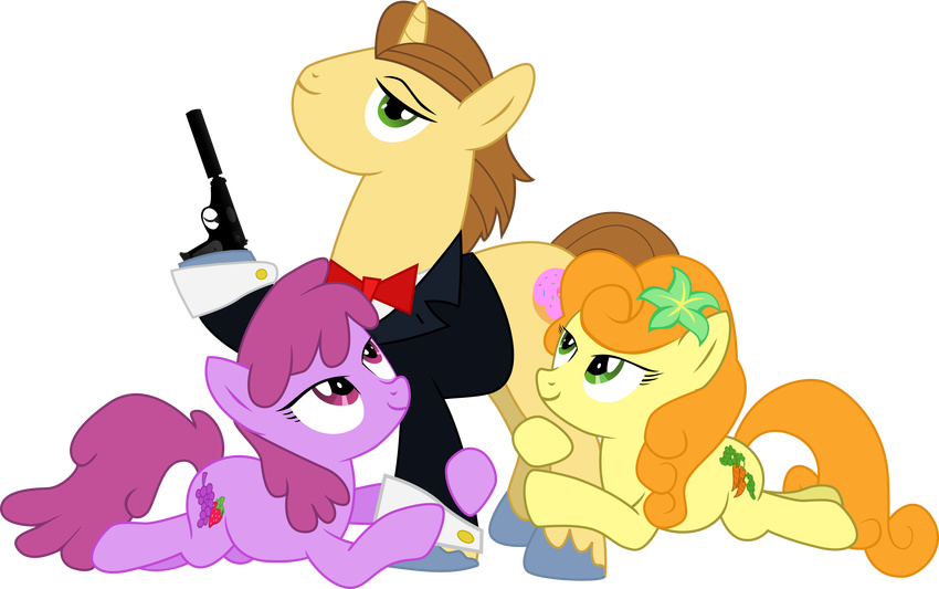 alpha_channel berry_punch_(mlp) brown_hair carrot_top_(mlp) clothed clothing cutie_mark equine female feral flower flower_in_hair friendship_is_magic green_eyes group gun hair horn horse long_hair lying male mammal my_little_pony on_front orange_hair pistol plain_background plant pony pony_joe_(mlp) purple_hair ranged_weapon regolithx transparent_background unicorn weapon