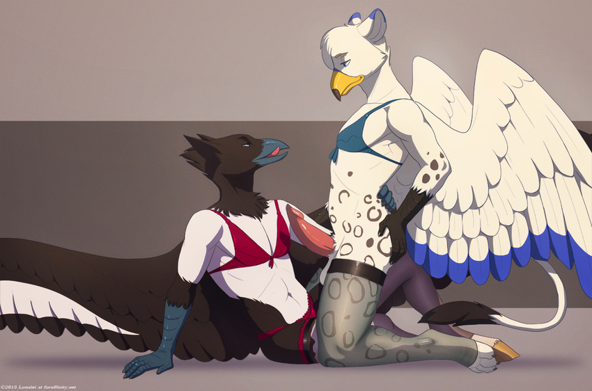 anthro avian balls bird bottomless bra clothed clothing crossdressing duo equine erection gay gryphon half-dressed hippogryph horse kneeling kumagoro lingerie lunalei magpie male mammal panties penis sephirothiel tongue underwear wings