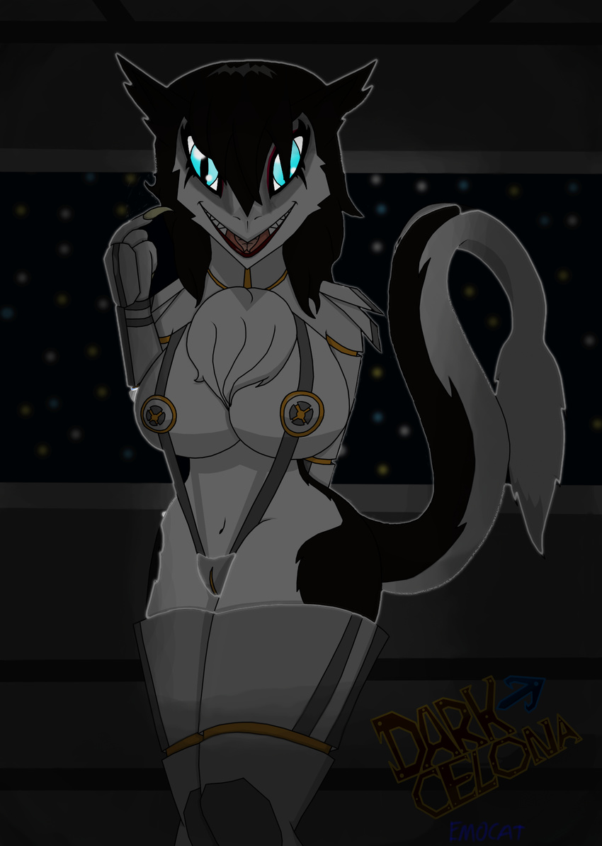 anthro armor big_eyes breasts chest_tuft claws cleavage clothed clothing darkcelona edit emocat female fur hi_res looking_at_viewer pointing sergal skimpy slit_pupils smile solo tuft