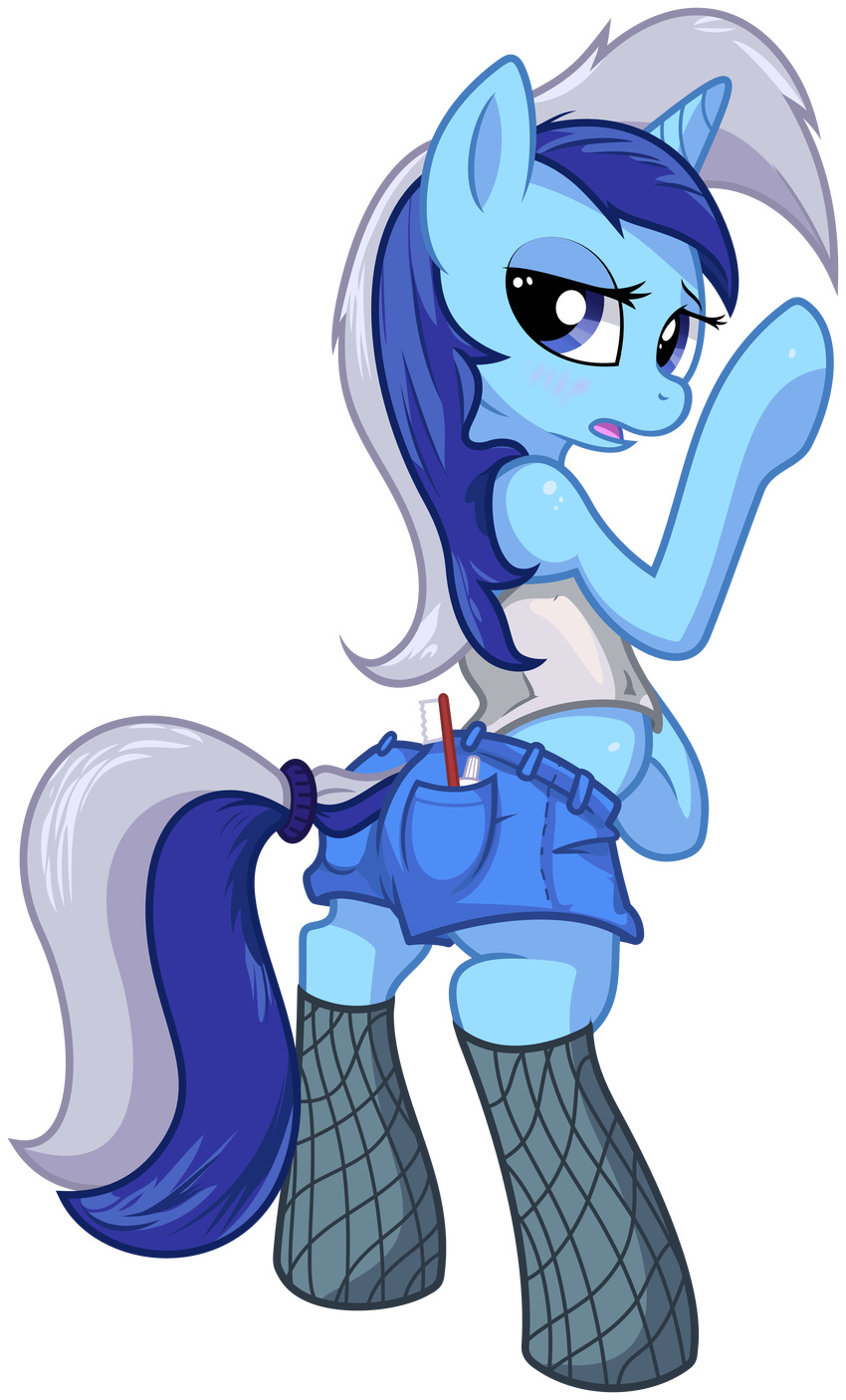 alpha_channel blue_hair blush clothed clothing colgate_(mlp) equine female feral fishnet friendship_is_magic gsphere hair horn long_hair looking_back mammal midriff my_little_pony open_mouth plain_background solo standing toothbrush transparent_background two_tone_hair unicorn zutheskunk