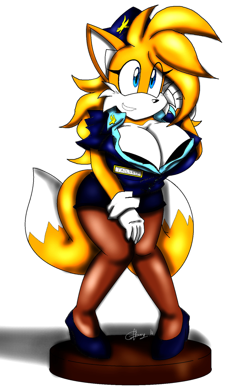akatsukishiranui-fox anthro big_breasts bipedal breasts canine cleavage clothed clothing crossgender female fox mammal miles_prower sega smile solo sonic_(series)