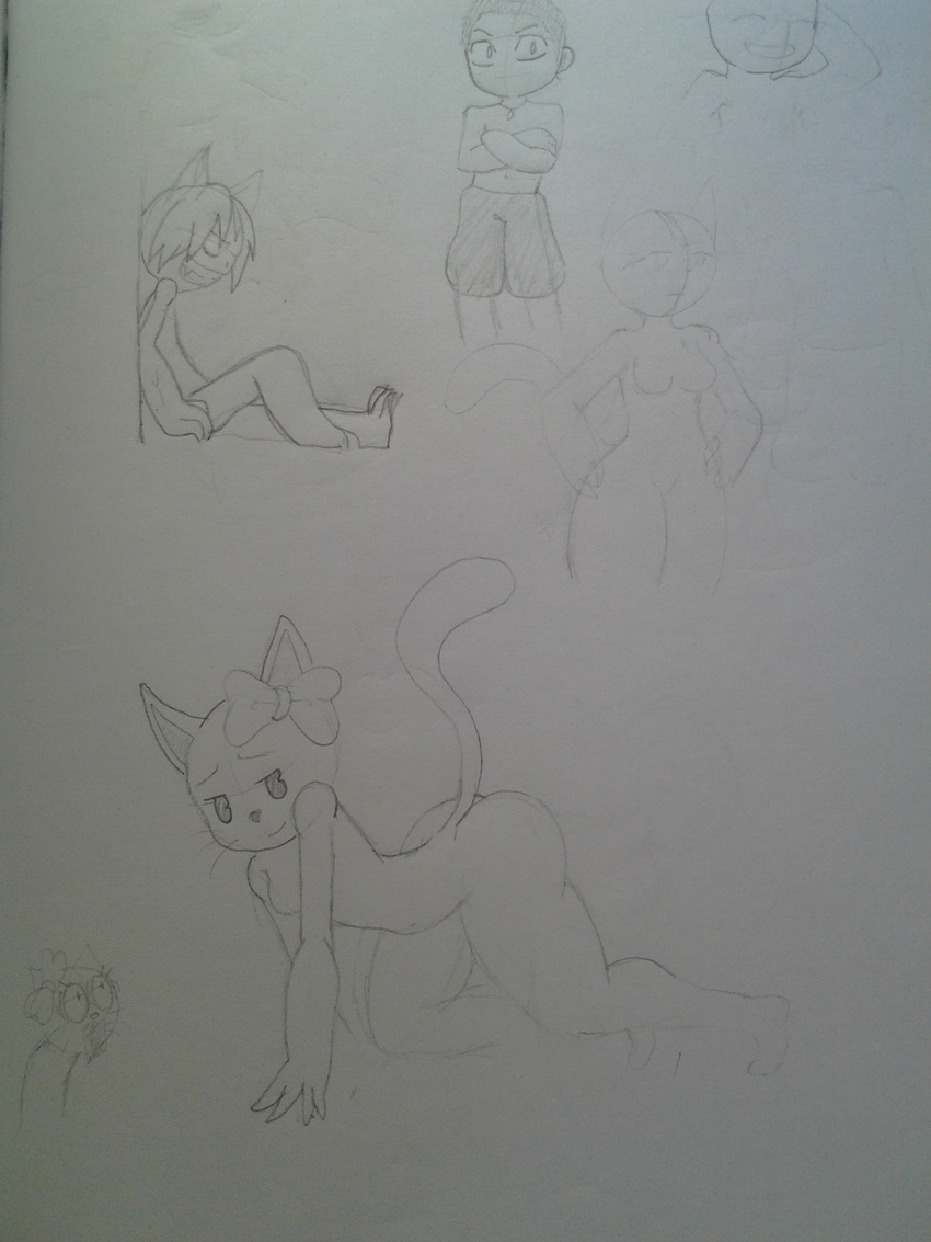 anthro cat feline female greyscale group hello human male mammal monochrome pencil_(artwork) traditional_media_(artwork) unknown_artist