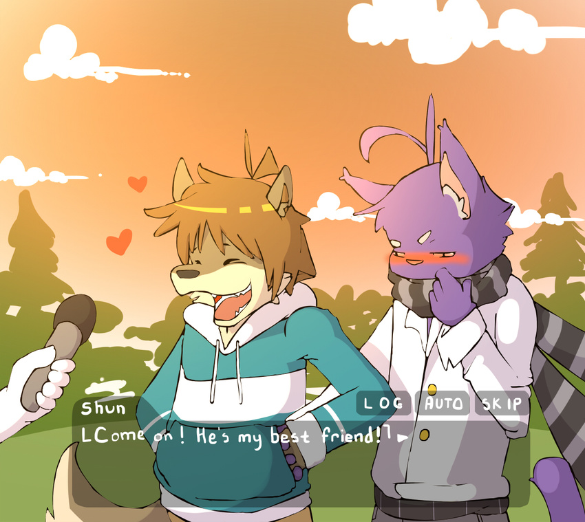 &lt;3 anthro black_pants blush button_up_shirt canine cat duo fangs feline forest fur gay hair hand_holding jackets male mammal microphone morenatsu open_mouth purple_fur scarf shin_kuroi shun_kodori sunset tongue tree winter wolf