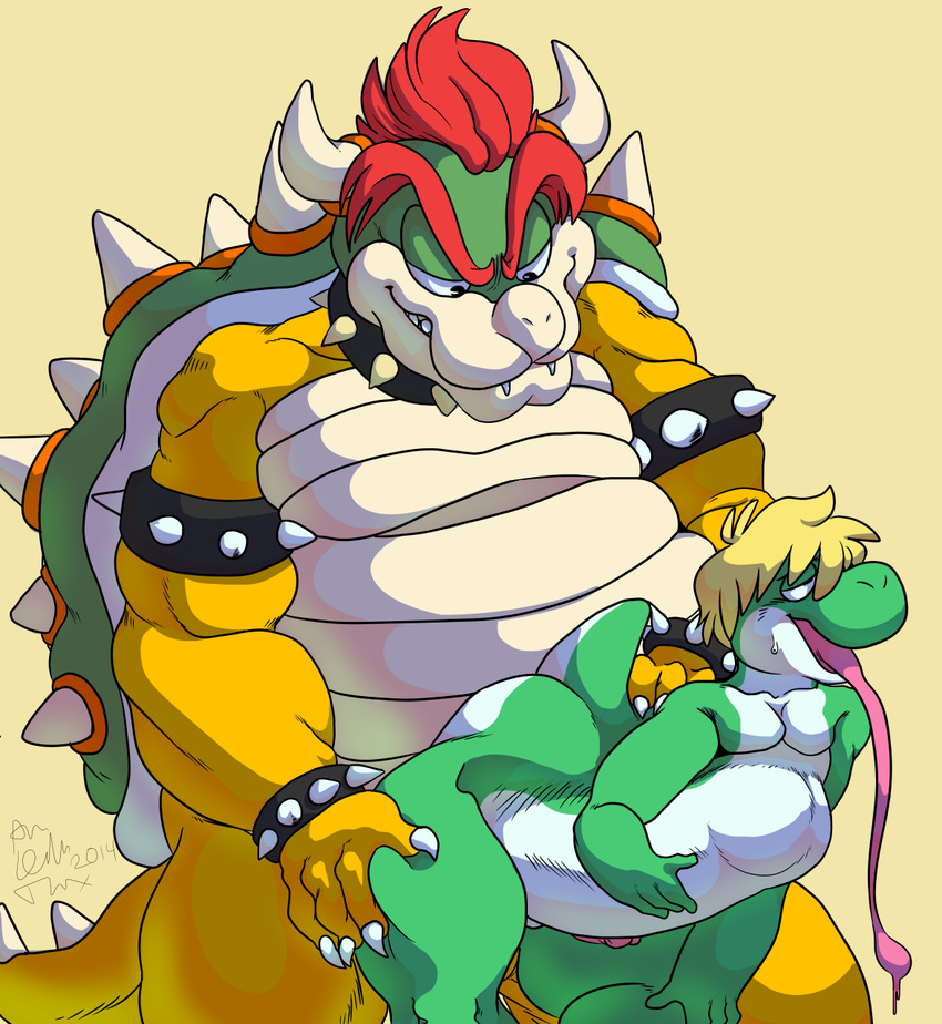 abdominal_bulge anal anal_penetration anthro arale_(artist) big_dom_small_sub big_penis blonde_hair bowser chubby fucked_silly gay hair hyper hyper_penis koopa male mario_bros nintendo open_mouth penetration penis scalie sex size_difference smile tongue tongue_out video_games yoshi