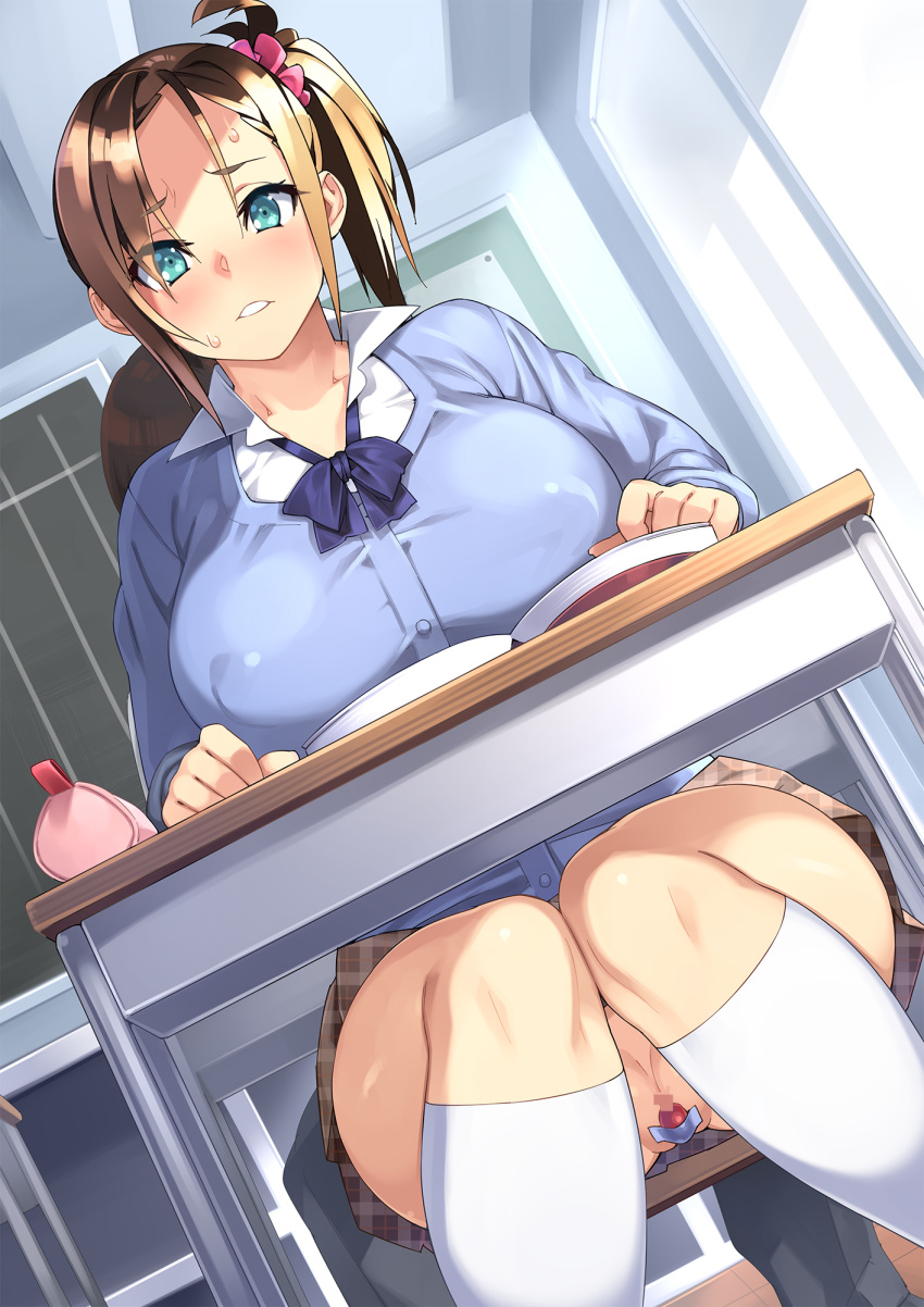 23_(real_xxiii) blonde_hair blush book bow bowtie breasts censored chair choukyou!_sekkan!_maji_kutsujoku!_aashi_bitch_ni_ochitan_dakedoo classroom desk egg_vibrator embarrassed erect_nipples green_eyes groin highres indoors large_breasts legs legs_together looking_at_viewer mosaic_censoring no_panties original parted_lips ponytail pussy school_uniform short_ponytail sitting skirt solo_focus thighs tied_hair vibrator