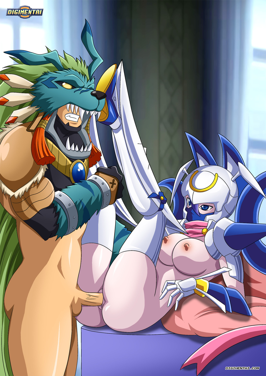 armor balls bandai bbmbbf bed blue_eyes blue_fur breasts brown_skin butt dianamon digihentai digimon duo erect_nipples erection female fur green_hair hair male merukimon nipples palcomix penis pink_skin pussy sex straight teeth