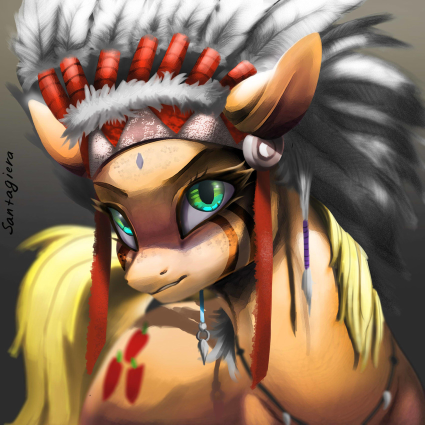 2015 applejack_(mlp) blonde_hair cutie_mark earth_pony equine face_paint feather female feral friendship_is_magic green_eyes hair headdress horse looking_at_viewer mammal my_little_pony native_american necklace pony portrait santagiera solo teeth