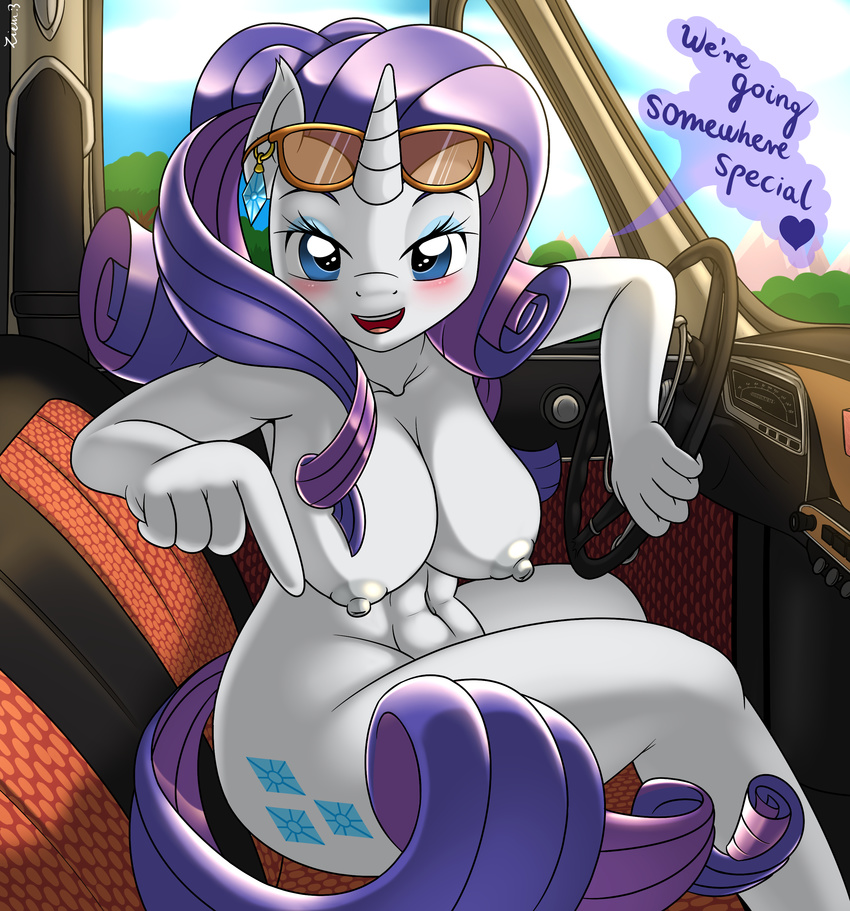 2015 anthro anthrofied areola blue_eyes blush breasts car cutie_mark dialogue english_text equine eyelashes eyeshadow eyewear female friendship_is_magic hair hi_res horn inside long_hair looking_at_viewer makeup mammal my_little_pony navel nipples nude pointing purple_hair rarity_(mlp) sitting solo sunglasses text unicorn white_body ziemniax
