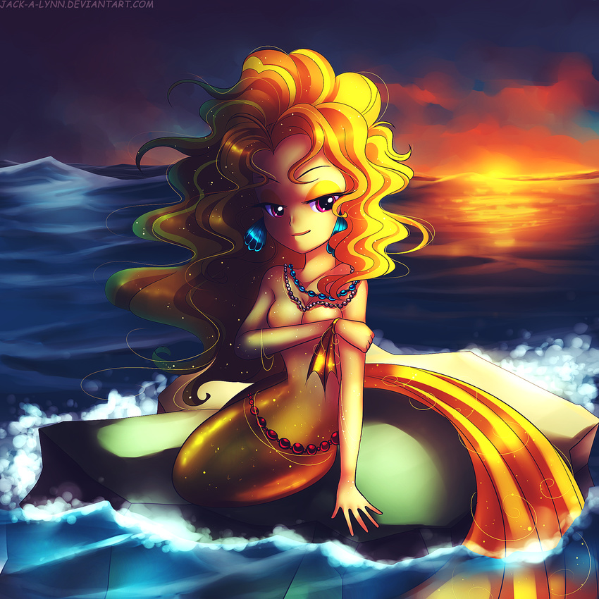 adagio_dazzle_(eg) anthro anthrofied breasts covering covering_breasts female friendship_is_magic hair hi_res jack-a-lynn jewelry long_hair looking_at_viewer mermaid my_little_pony orange_hair outside pink_eyes sea smile solo sunset water