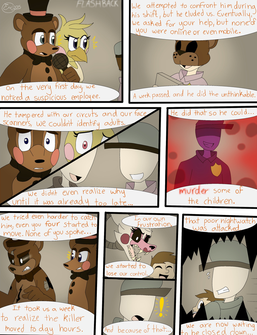 2015 animatronic anthro avian badge beak bear bird bite blue_eyes bow_tie brown_fur canine chica_(fnaf) chicken child clothed clothing comic dark dialogue duo emmonsta english_text female five_nights_at_freddy's five_nights_at_freddy's_2 flashback fox freddy_(fnaf) fur group hat hi_res human jeremy_fitzgerald machine male mammal mangle_(fnaf) mask mechanical microphone pink_eyes purple_man_(fnaf) robot smile surprise text top_hat toy_freddy_(fnaf) yellow_fur young