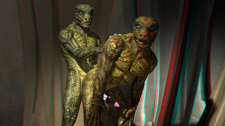 3d anaglyph duo from_behind gay green_skin lizard looking_at_viewer male penis poser reptile reptilian scalie stereogram wooky