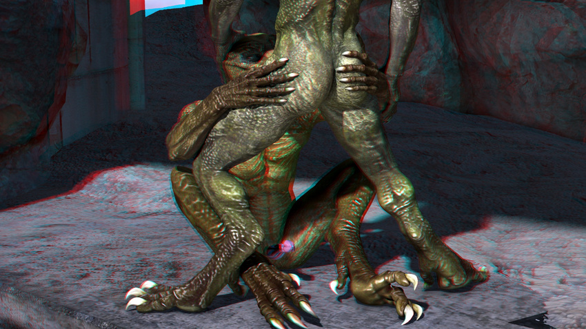 3d anaglyph anthro butt claws duo fellatio gay green_skin hand_on_butt hand_on_head lizard male oral penis poser reptile reptilian scalie sex sitting standing stereogram wooky