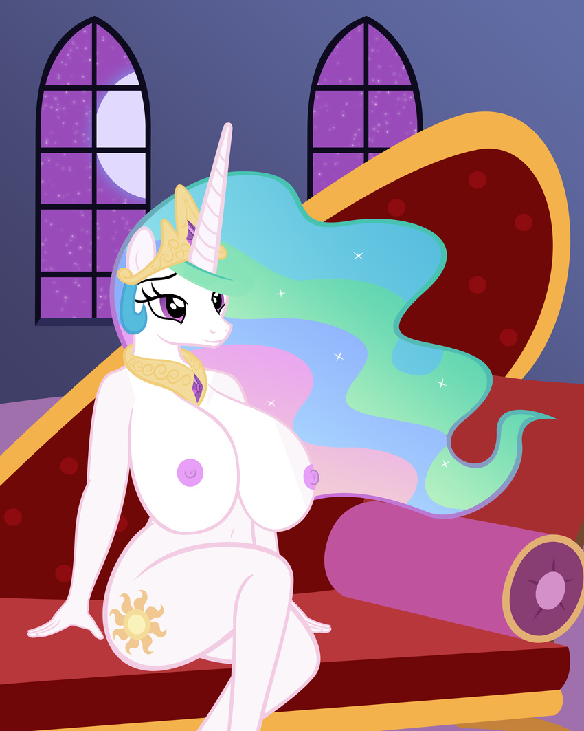 2015 absurd_res anthro anthrofied areola big_breasts breasts digital_media_(artwork) equine erect_nipples female friendship_is_magic hi_res horn huge_breasts mammal my_little_pony navel nipples nude princess_celestia_(mlp) smile sofunnyguy solo winged_unicorn wings