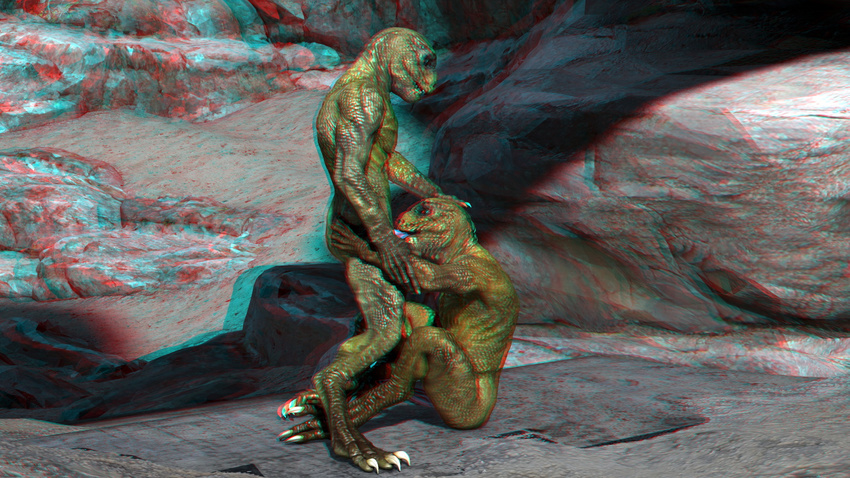 3d anaglyph anthro digitigrade duo fellatio gay green_skin hand_on_butt hand_on_head lizard male oral penis poser reptile reptilian scalie sex sitting standing stereogram wooky