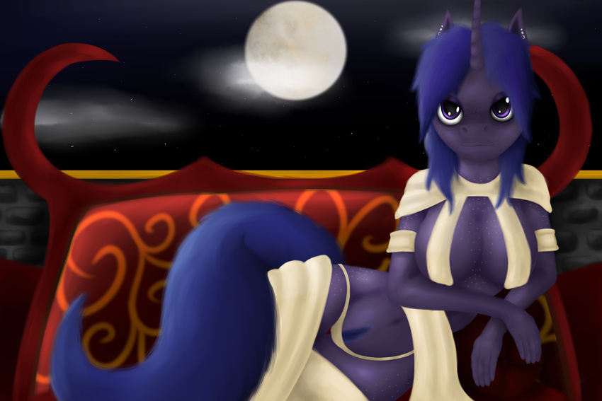 absurd_res anthro bedroom_eyes big_breasts blue_fur blue_hair breasts clothing ear_piercing equine fan_character female freckles full_moon fur hair hi_res horn long_hair looking_at_viewer mammal moon my_little_pony navel outside piercing pubes purple_eyes quin-nsfw smile sofa solo