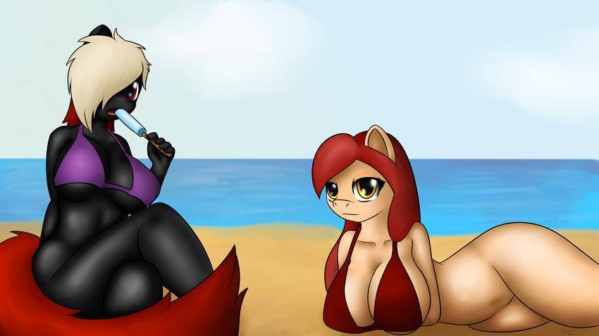 absurd_res anthro beach big_breasts bikini black_fur breasts clothing crossed_legs duo equine fan_character female fur hair hair_over_eye hi_res horse long_hair looking_at_viewer lying mammal my_little_pony navel open_mouth outside pony popsicle quin-nsfw red_eyes red_hair seaside sitting sky swimsuit two_tone_hair yellow_eyes