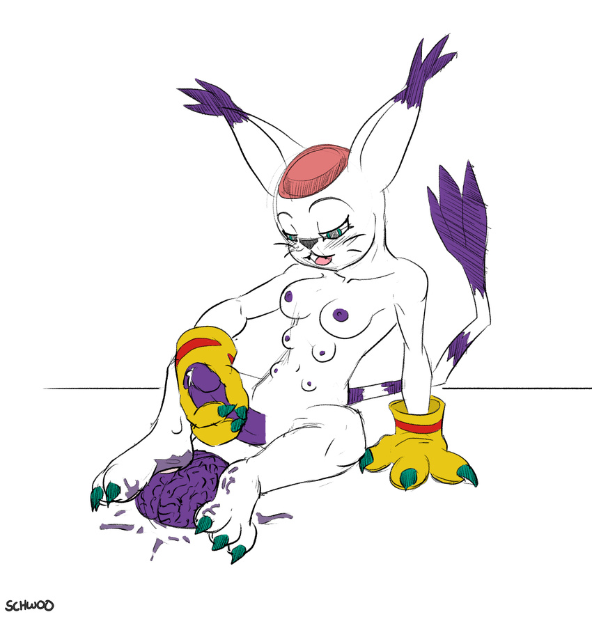 6_breasts bandai blush brain brain_fondling breasts claws dickgirl digimon ear_tuft empty_skull erection foot_fetish fur gatomon hi_res hindpaw intersex nipples nude open_mouth open_skull paws penis schwoo solo toes tuft zhiral