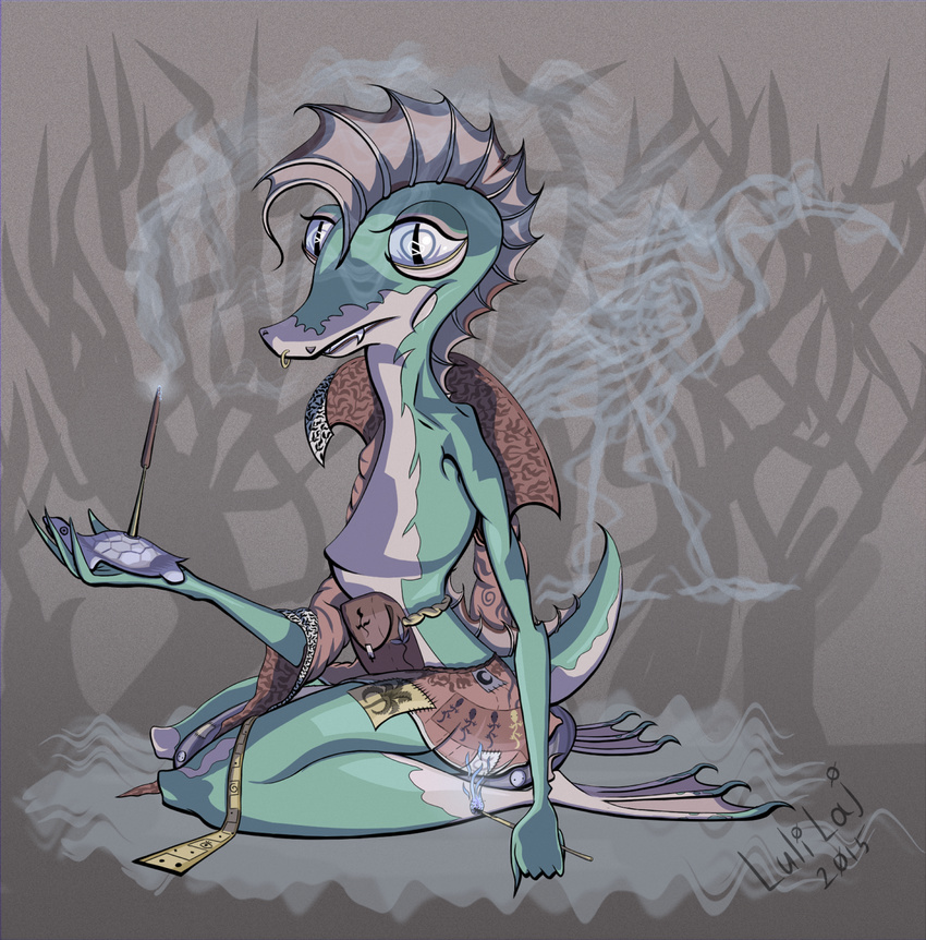 ambiguous_gender anthro clothing incense lizard lulilaj piercing reptile scalie sitting solo