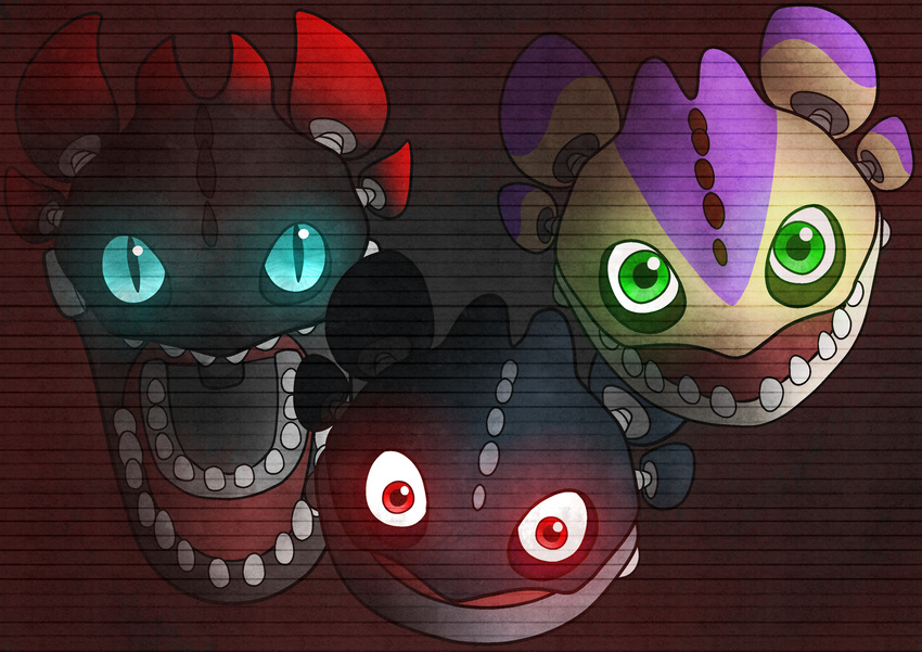 2015 ambiguous_gender animatronic black_eyes blue_sclera crossover dark dragon fan_character feral five_nights_at_freddy's glowing glowing_eyes green_eyes group hi_res how_to_train_your_dragon looking_at_viewer machine mechanic mechanical night_fury red_eyes robot yuukigirl1997