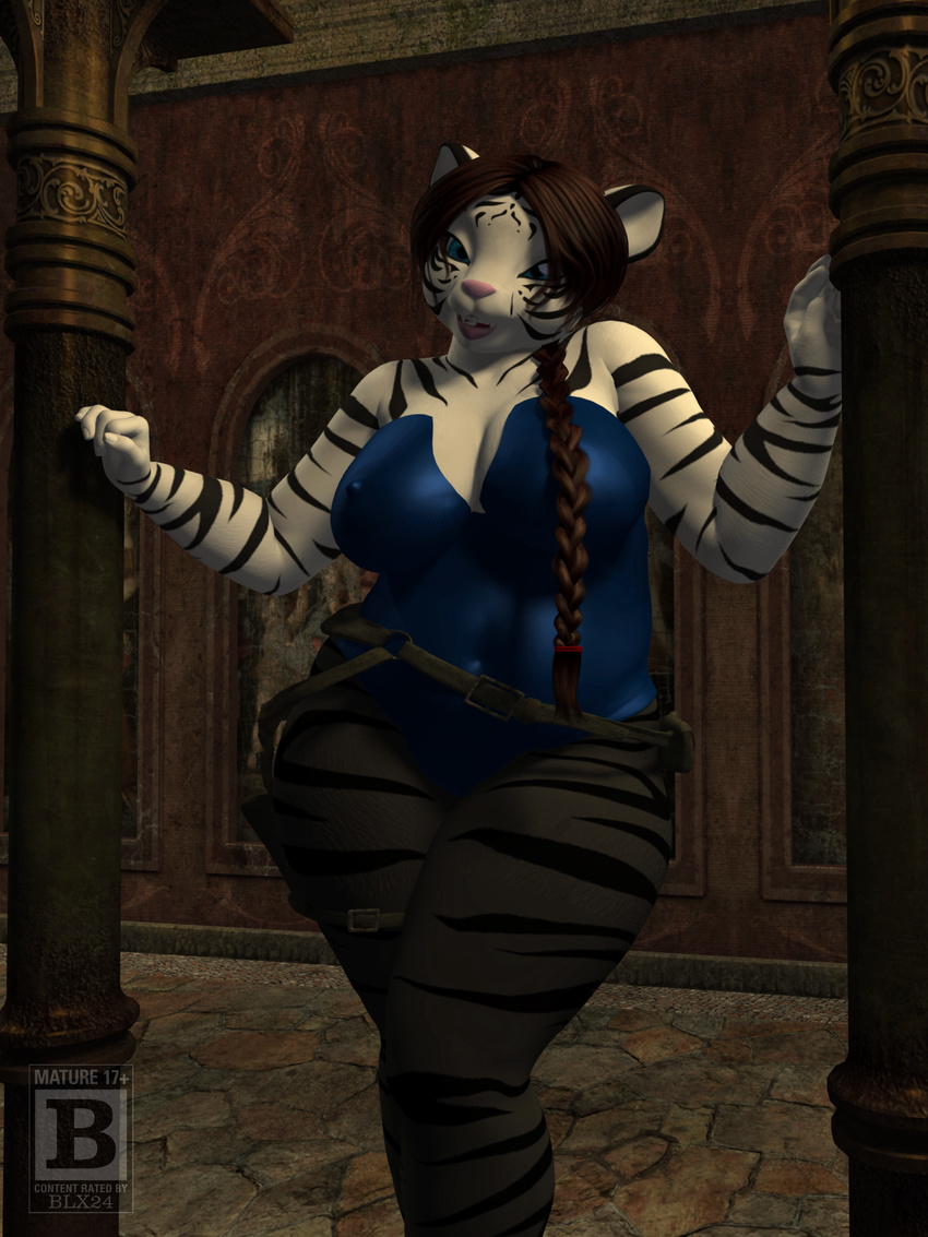 2015 3d anthro belt big_breasts black_fur blue_eyes blx24 breasts brown_hair cleavage clothed clothing fangs feline female fur hair hi_res inside legwear lips long_hair mammal nails open_mouth overweight pink_nose smile solo standing stockings stripes teeth thick_thighs tiger white_fur wide_hips