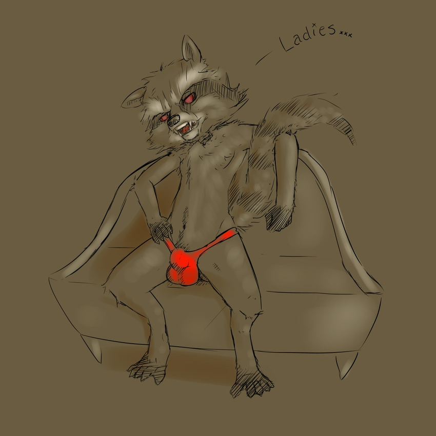 anthro bulge clothing dialogue english_text fangs furfit furniture guardians_of_the_galaxy looking_away male mammal open_mouth raccoon reclining restricted_palette rocket_raccoon sitting sketch solo text thong