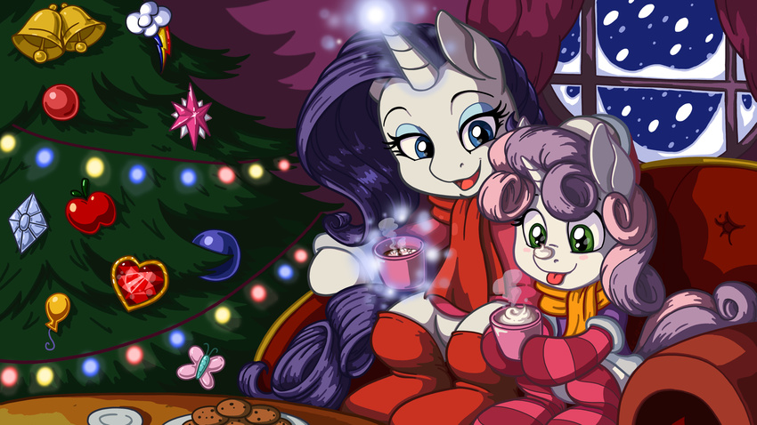 2014 blue_eyes christmas christmas_tree cream cup curtains duo equine eyeshadow female friendship_is_magic green_eyes hair holidays horn hot_chocolate latecustomer makeup mammal marshmallow my_little_pony pink_hair purple_hair rarity_(mlp) scarf sibling sisters snow snowing socks steam sweater sweetie_belle_(mlp) tree two_tone_hair unicorn whipped_cream window