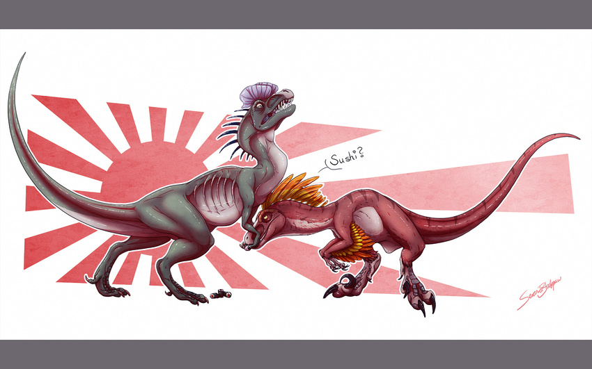 ambiguous_gender dilophosaurus dinosaur duo food japan raptor rising_sun_flag severus_blackpaw sushi