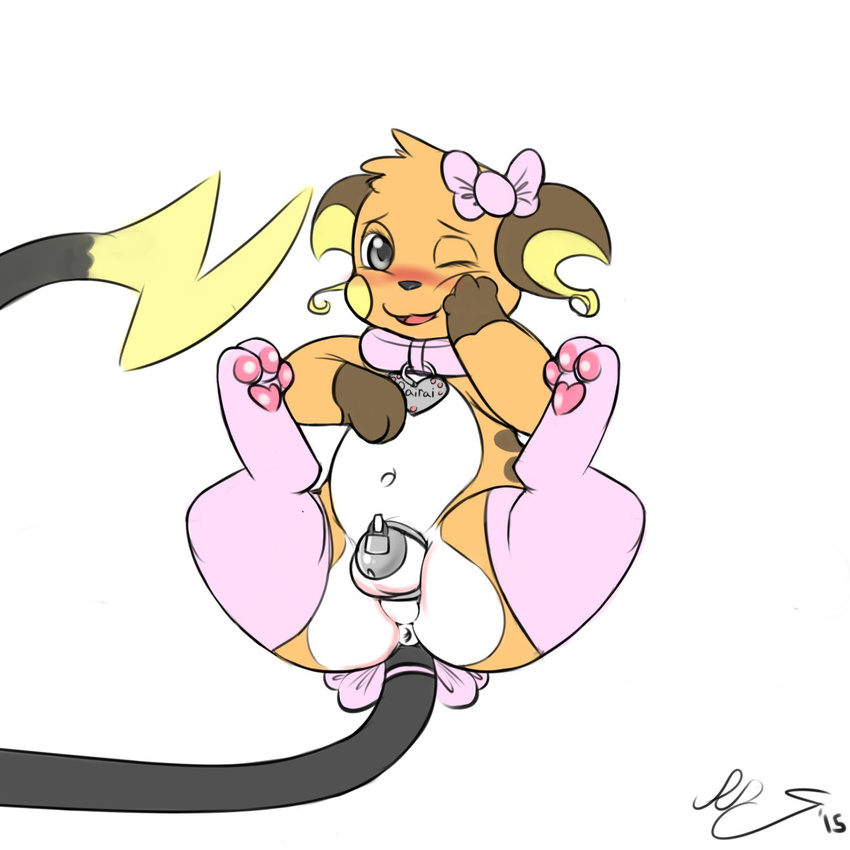 anus blush bow chastity chastity_cage collar crossdressing girly legwear male nintendo one_eye_closed open_mouth plain_background pok&eacute;mon raichu rairai rairai_(character) solo thigh_highs video_games white_background