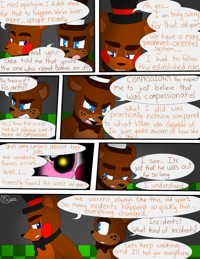 2015 angry animatronic anthro bear blue_eyes bow_tie brown_fur canine comic dark dialogue duo emmonsta english_text female five_nights_at_freddy's five_nights_at_freddy's_2 fox freddy_(fnaf) fur glowing glowing_eyes hat hi_res machine male mammal mangle_(fnaf) mechanical robot text top_hat toy_freddy_(fnaf)