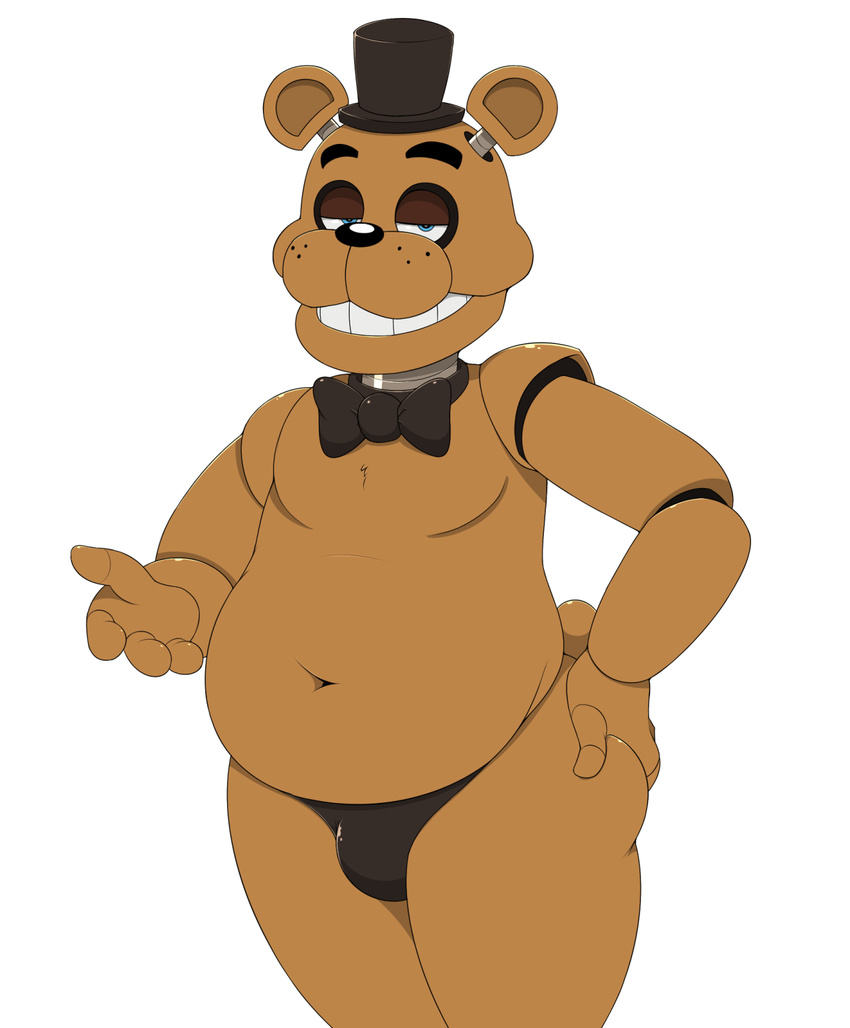 2015 acstlu animatronic bear bow_tie bulge clothed clothing five_nights_at_freddy's freddy_(fnaf) hat looking_at_viewer machine male mammal mechanical navel overweight package robot skimpy smile solo thong top_hat