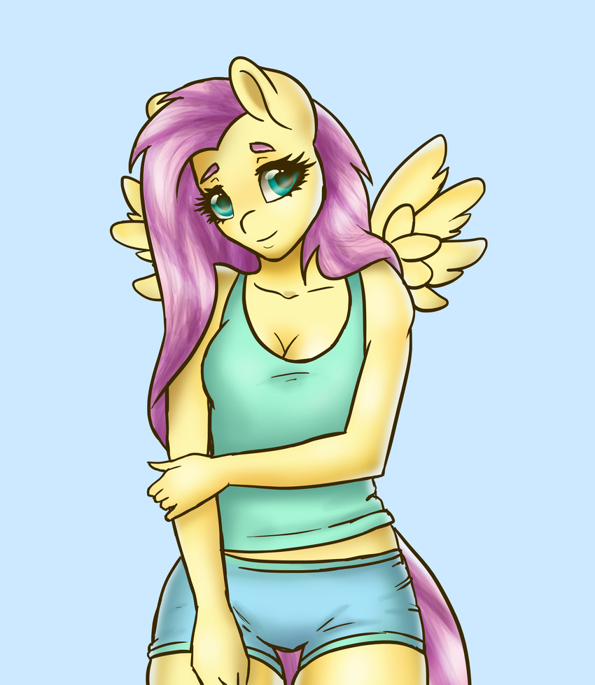 2015 absurd_res anthro anthrofied cleavage clothed clothing equine female fluttershy_(mlp) friendship_is_magic fur hair hi_res looking_at_viewer mammal my_little_pony pegasus pink_hair plain_background smile solo teal_eyes wings wooxx yellow_fur