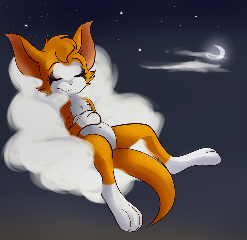 anthro chest_tuft cloud cloudscape dust:_an_elysian_tail eyes_closed feline-fattale female fidget fur moon night on_cloud outside sky sleeping smile solo star starry_sky tuft video_games yellow_fur