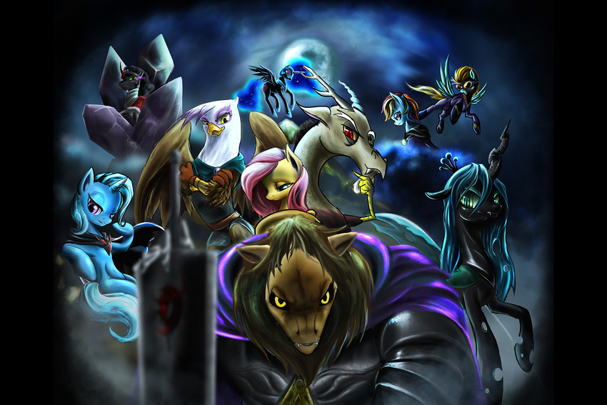 2014 alicorn_amulet armor avian blonde_hair blue_eyes blue_hair brown_hair cape clothing crystal d-lowell discord_(mlp) equine eyewear fangs female fluttershy_(mlp) flying friendship_is_magic gilda_(mlp) goggles green_eyes green_hair group gryphon hair helmet horn king_sombra_(mlp) lightning_dust_(mlp) long_hair male mammal moon multicolored_hair my_little_pony necklace nightmare_moon_(mlp) pegasus pendant pink_hair purple_eyes queen_chrysalis_(mlp) rainbow_dash_(mlp) rainbow_hair red_eyes scorpan shadowbolts_(mlp) sparkles trixie_(mlp) unicorn wings yellow_eyes