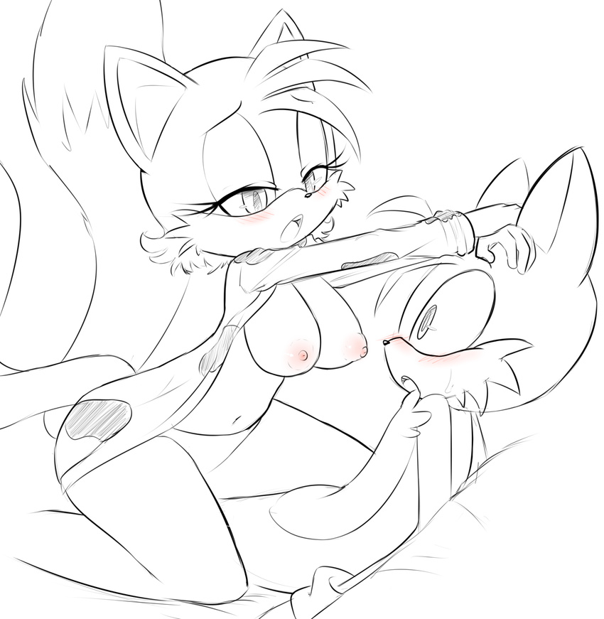 anthro black_and_white black_nose blush breasts canine clothed clothing crossgender duo female fox fur half-dressed hand_on_head hearlesssoul hi_res male mammal miles_prower monochrome navel nipples open_mouth sega selfcest sonic_(series) square_crossover straight teeth tongue tuft