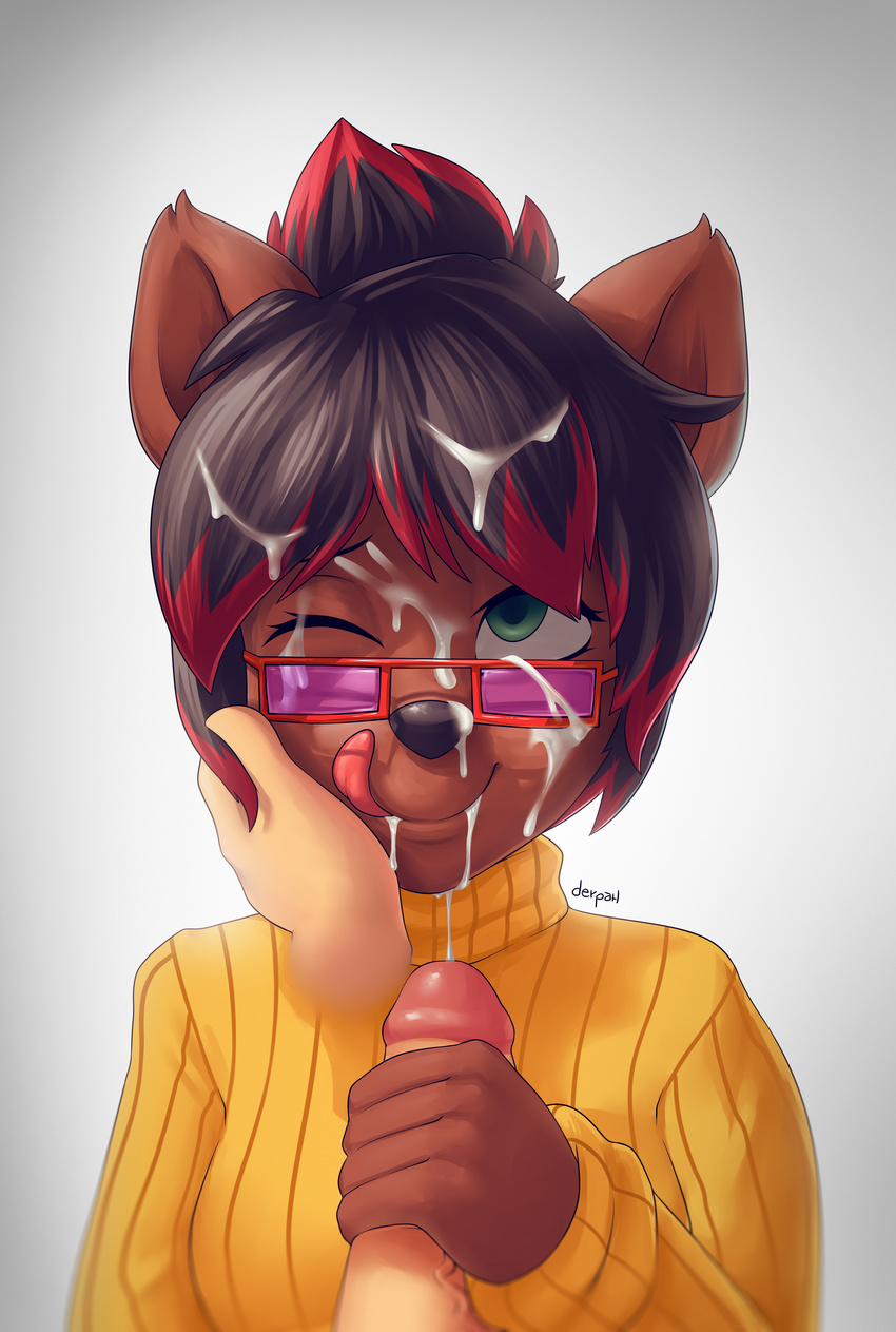 2015 absurd_res anthro canine clothing cum cum_on_face derpah disembodied_penis duo eyewear female first_person_view glasses green_eyes hi_res licking looking_at_viewer male mammal one_eye_closed penis red_highlights solo_focus straight tongue tongue_out wolf