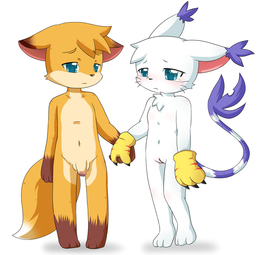 anthro bandai canine cat circumcision crying digimon duo feline female fox fuchs gatomon male mammal mutilation navel pain penis plain_background pussy strings tears torture violetta whiskers white_background