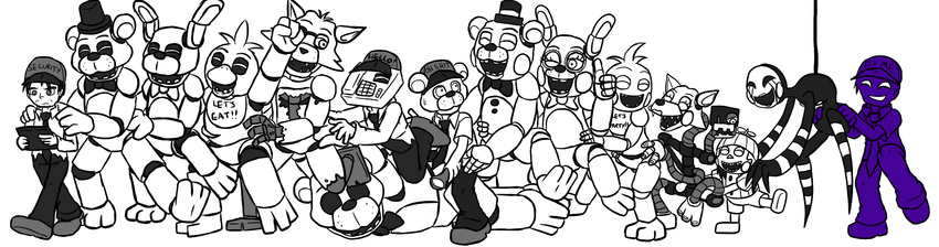 animatronic balloon_boy_(fnaf) bonnie_(fnaf) bow_tie chica_(fnaf) conga_line eye_patch eyewear five_nights_at_freddy's five_nights_at_freddy's_2 foxy_(fnaf) freddy_(fnaf) golden_freddy_(fnaf) group happy hat hook jeremy_fitzgerald machine male mangle_(fnaf) marionette_(fnaf) mechanical mike_schmidt namelessanon phone_guy_(fnaf) purple_man_(fnaf) robot smile teeth toy_bonnie_(fnaf) toy_chica_(fnaf) toy_freddy_(fnaf)