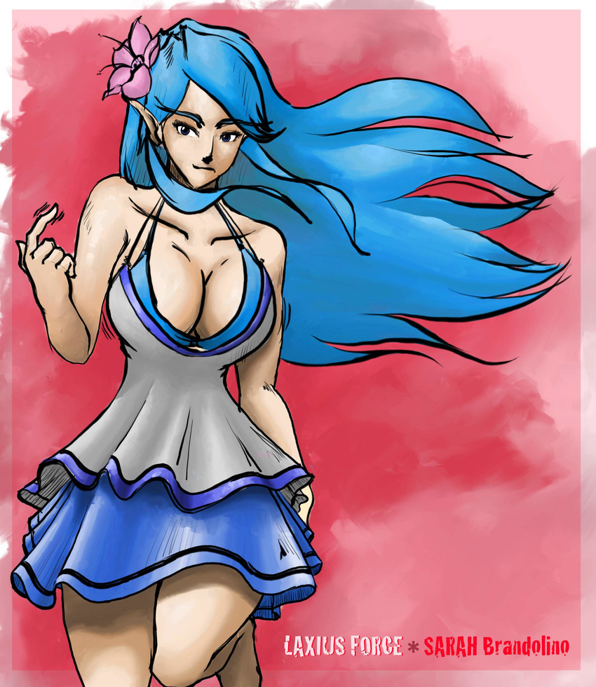 absurdres barefoot blue_hair breasts camisole cleavage flower hair_flower hair_ornament highres large_breasts laxius leg_lift long_hair pointy_ears sarah_brandolino skirt solo wind
