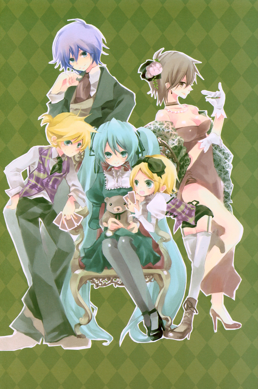 3girls absurdres aqua_eyes aqua_hair argyle argyle_background bent_over blonde_hair blue_eyes blue_hair blush breasts brown_eyes brown_hair card choker cigarette cleavage dress earrings flower formal garter_belt gloves hair_flower hair_ornament hair_ribbon hatsune_miku highres holding holding_card jewelry kagamine_len kagamine_rin kaito long_hair medium_breasts meiko multiple_boys multiple_girls necktie pantyhose ponytail ribbon shimeko short_hair siblings sitting smile stuffed_animal stuffed_toy teddy_bear thighhighs twins twintails very_long_hair vest vocaloid white_gloves zettai_ryouiki